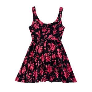 Y2K Velvet Black and Pink Floral Mini Dress size medium